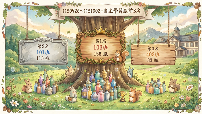 本校週（1150926~1151002）自主學習瓶-前三名班級